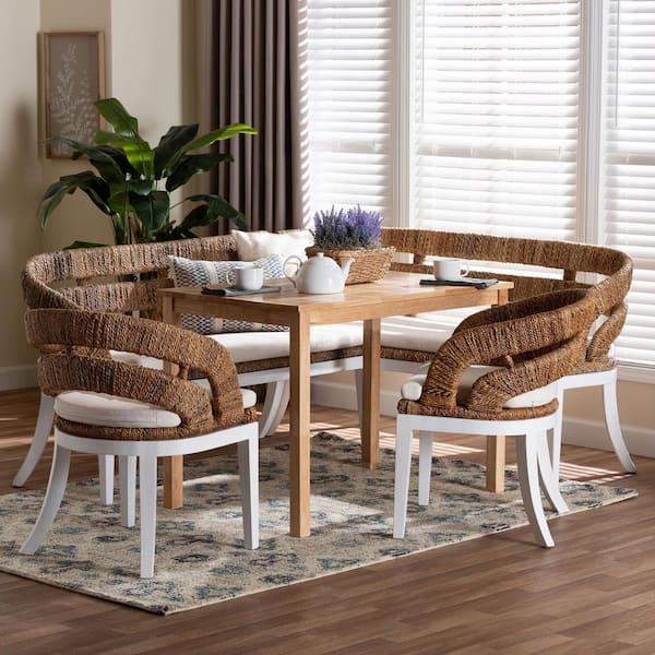 Ubud 5-Piece Natural Brown Seagrass and Wood Top Dining Set Seats 5