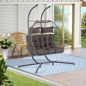 Modern 2-Person Swing Hanging Egg Rattan Chair Outdoor Patio Hammock with Dark Gray Cushions