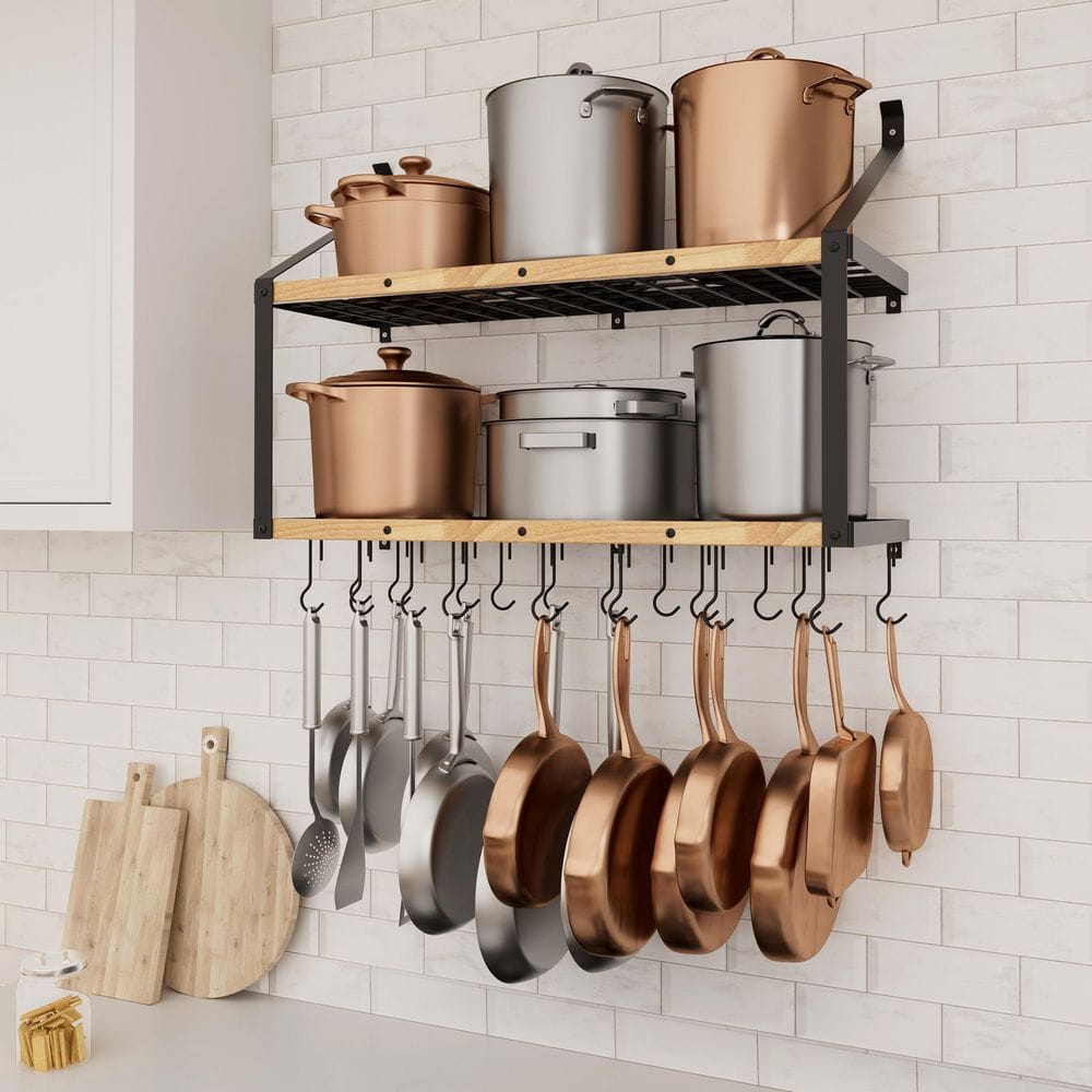 KES 34 in. Wall Mounted 2-Tier Pot Rack with 20 Hooks, 132 lb. Capacity ...