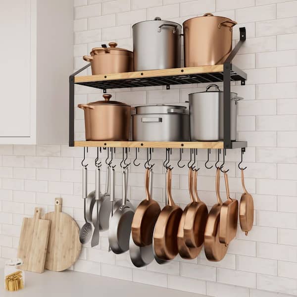 34 in. Wall Mounted 2-Tier Pot Rack with 20 Hooks, 132 lb. Capacity, Solid Wood Support, Fits 16 in. Studs, Matte Black