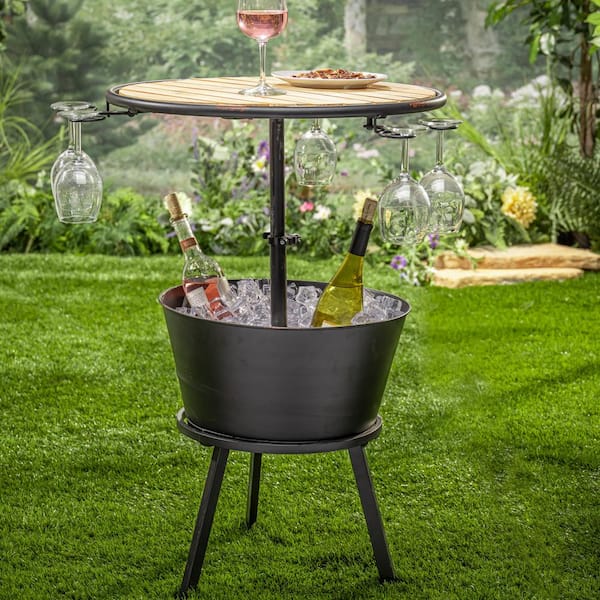 35.75-Inch High Metal and Wood Outdoor Wine Table with Ice Bucket