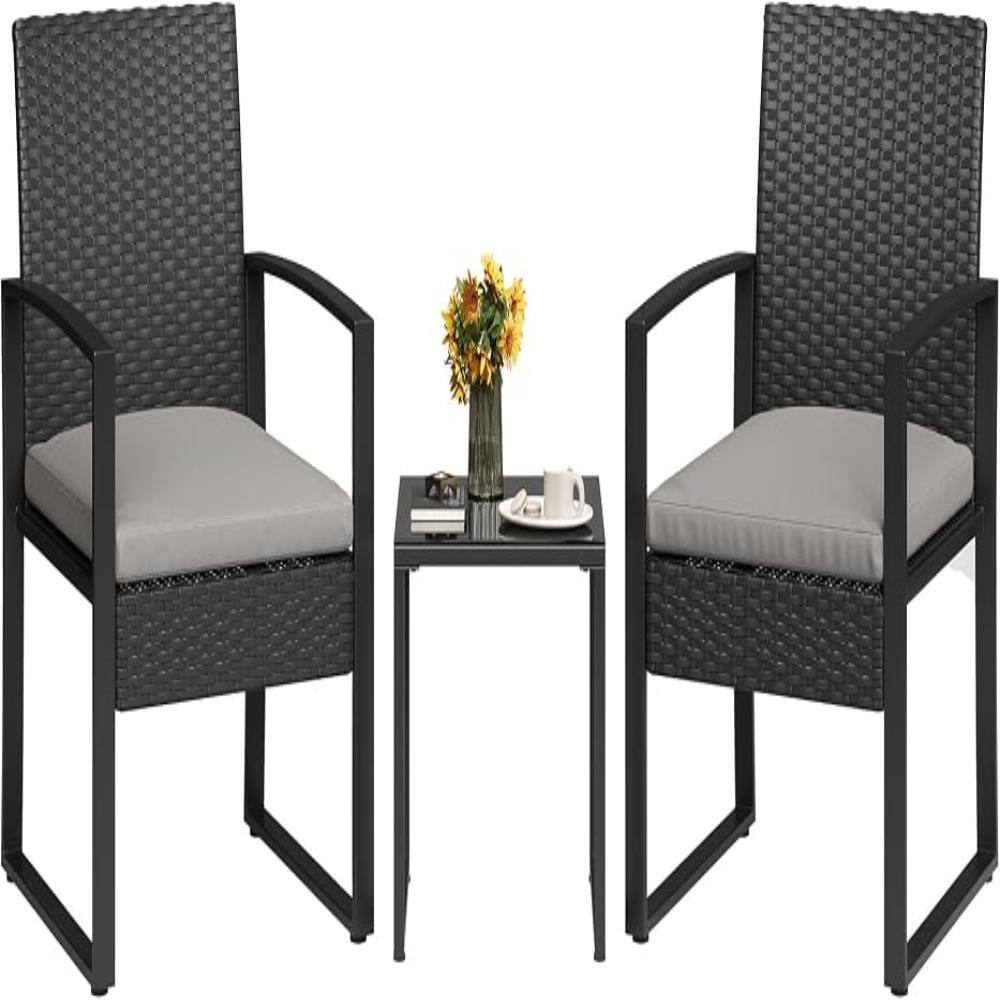 Homfan 3-piece gray PE rattan wicker patio bistro set with two armchairs and a tempered glass coffee table.