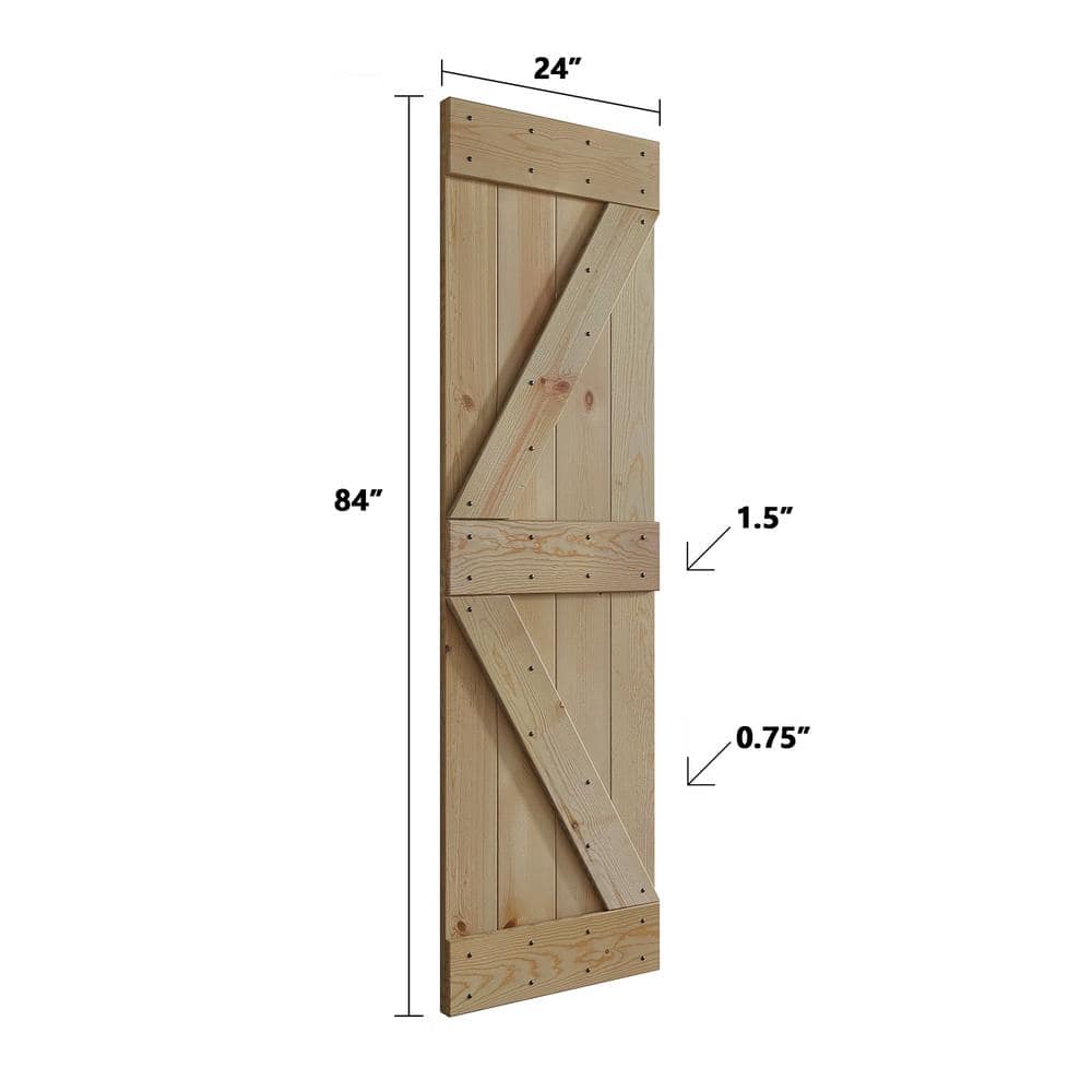 Unfinished Pine Wood Sliding Barn Door with Black Hardware Kit