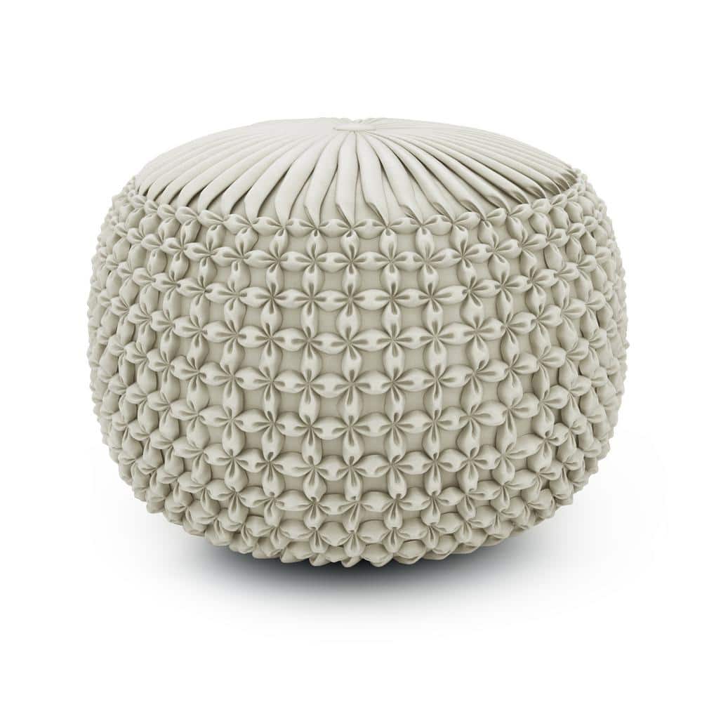 Cream Tufted Round Cotton Pouf with Velvet Upholstery