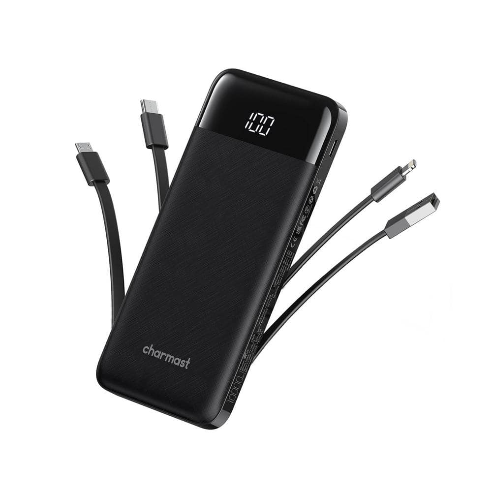 10000 mAh Portable Charger with Built in Slim Cables, 6 Outputs-Black