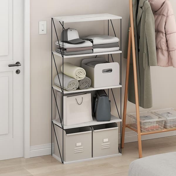 Furinno Besi 51.89 in. Tall Marble White Wood 5-Shelf Etagere Bookcase with Metal Frame
