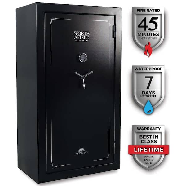 Sports Afield Preserve 60-Gun Fire and Waterproof Gun Safe with Electronic Lock, Black Textured Gloss