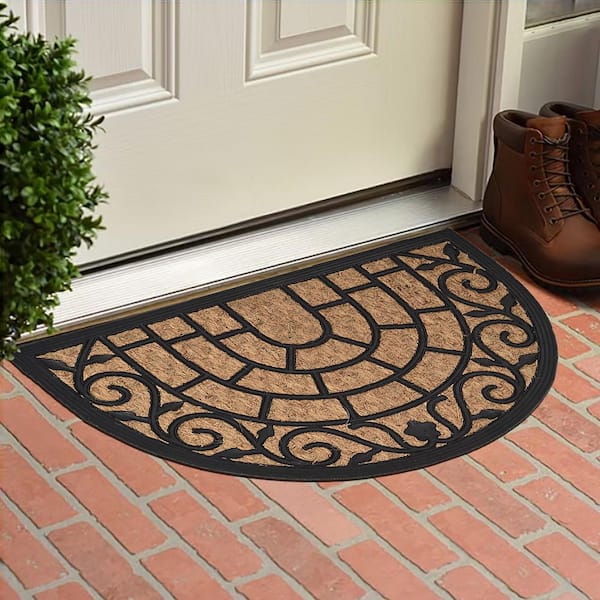 Evideco 16 in. x 24 in. Sheltered Half Round Front Door Mat Harry Natural Braided Coir Coco Rubber
