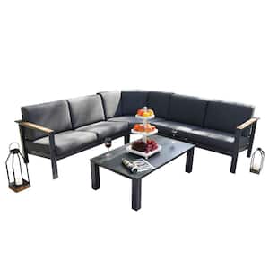 Yuki Black 4-Piece Aluminum Patio Conversation Sectional Set with Black Cushions