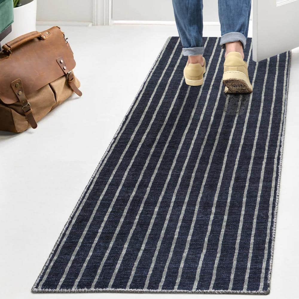Gray and Navy Striped Machine-Washable Runner Rug