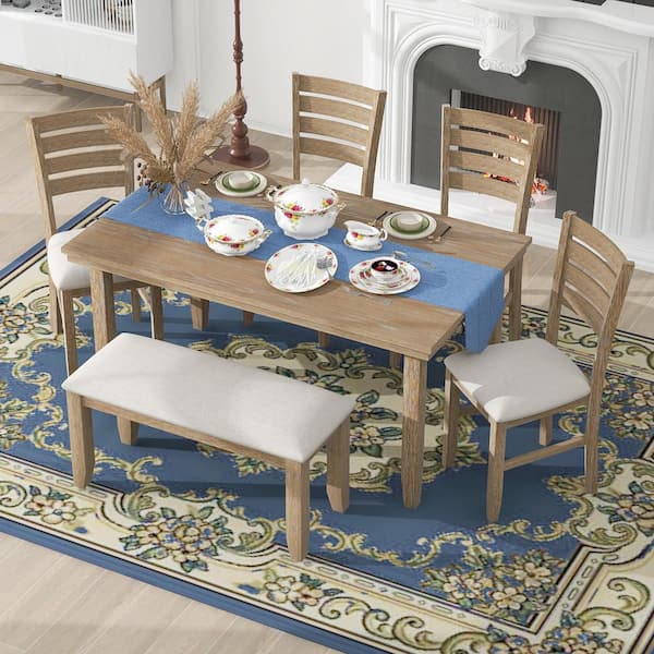 6-Piece Rectangular Natural Wood Wash MDF Top Dining Set Seats 6 with 4 Chairs and 1 Bench