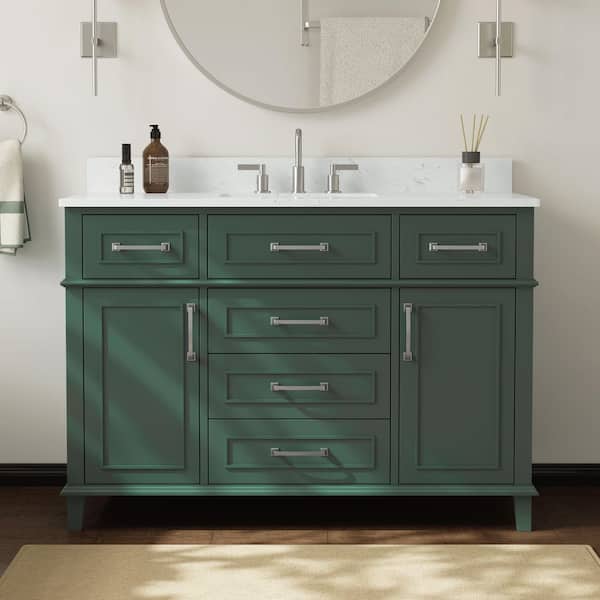 Agatha 49 in. Single Sink Freestanding Sea Green Bath Vanity with White Engineered Stone Top and Backsplash Assembled