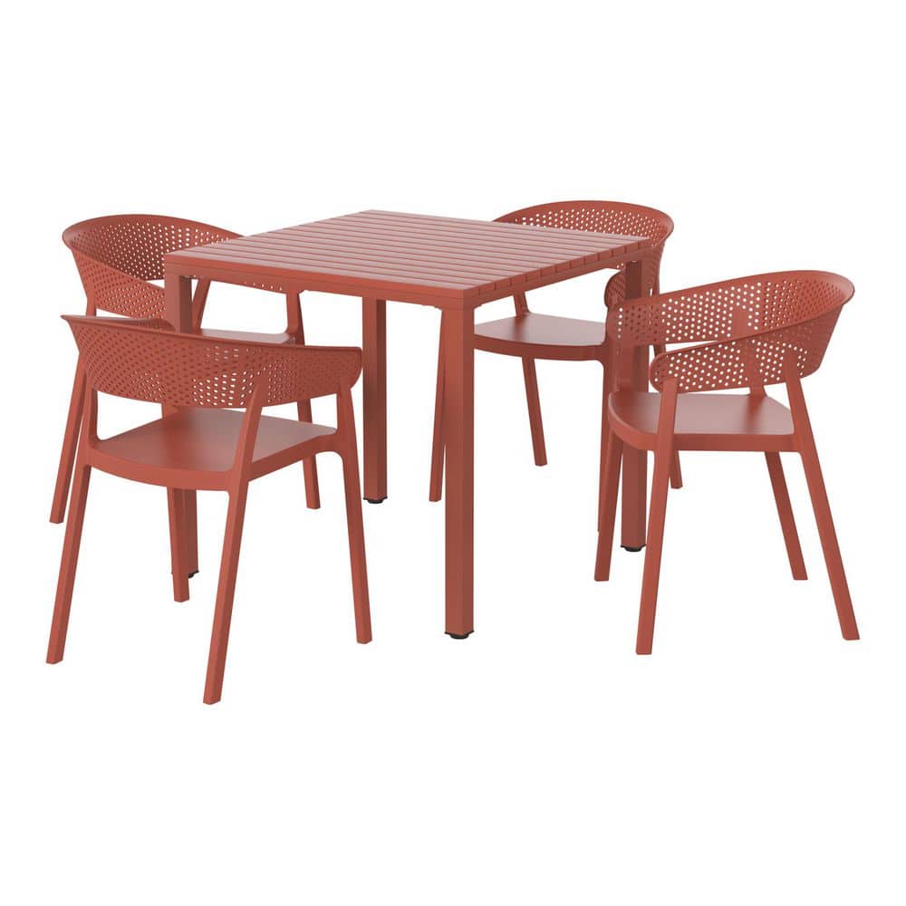Frond and Form Outdoor Patio Modern 5-Piece Dining Set w/ Square Metal Frame Table and Stackable Plastic Chairs, Red
