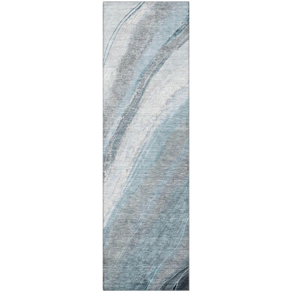 Mayfield Premium Machine Washable Abstract AMF2036 Teal 2 ft. x 7 ft. Runner Rug