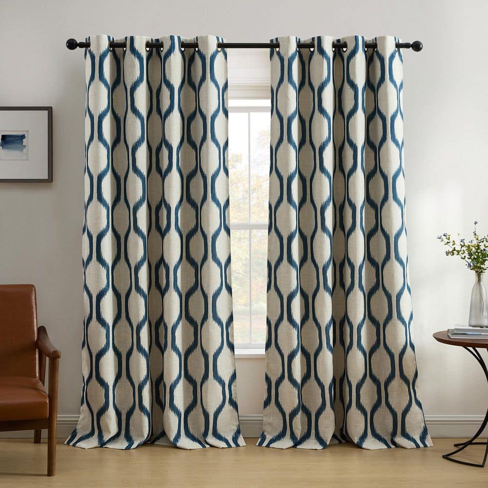 Indigo Ikat Geometric Blackout Grommet Linen Curtains