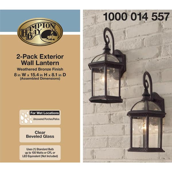 Hampton Bay Wickford 15.4 in. 1-Light Weathered Bronze Outdoor Wall Light  Fixture with Clear Glass (2-Pack) 7072-2RT - The Home Depot