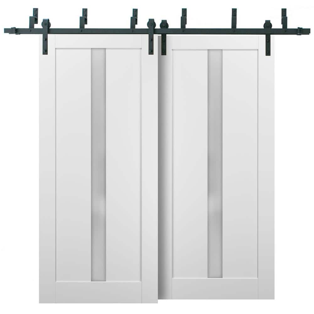 60 in. x 80 in. 2 Panel Frosted Glass White Wood Sliding Barn Door with Hardware Kit price history on PriceWatchPro