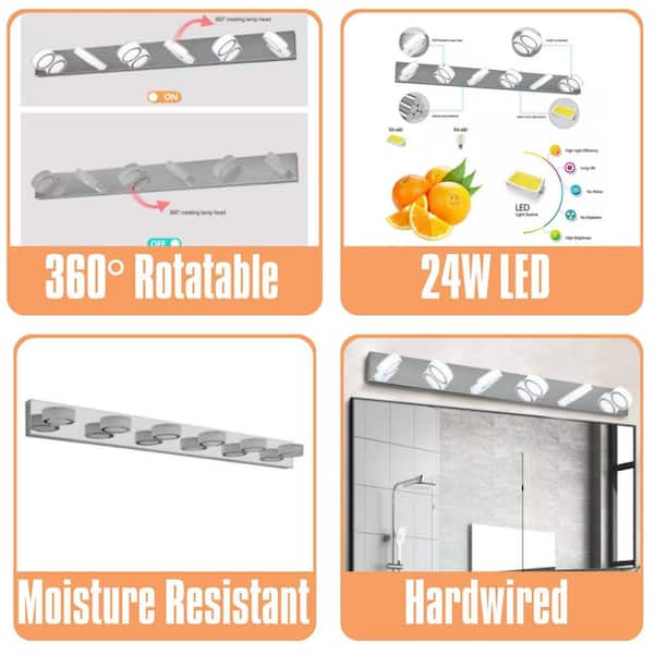 45 in. 6-Light Modern Chrome LED Vanity Light, Square Acrylic Lampshades Wall Mount, Suitable for Bathroom Lighting