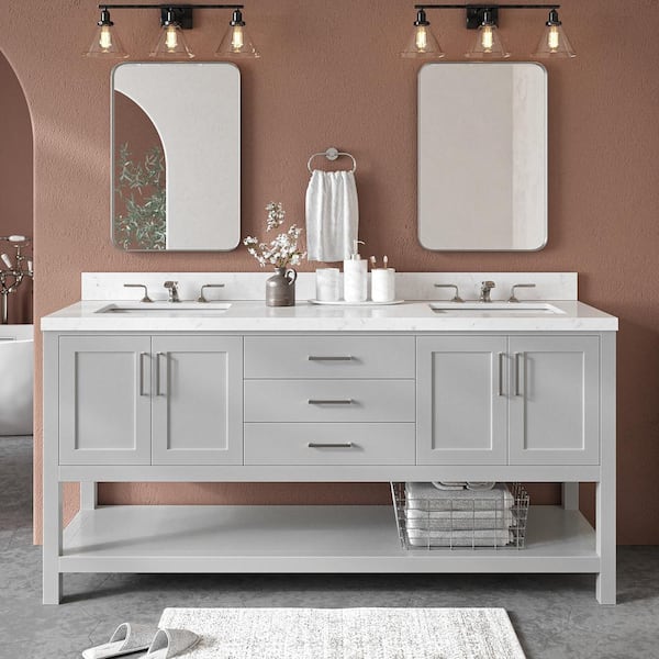 ARIEL Magnolia 72.25 in. W x 22 in. D x 36 in. H Double Freestanding Bath Vanity in Grey with Carrara Qt. Top