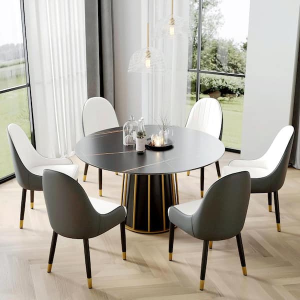 Magic Home 59.05 in. Black Circular Rotable Sintered Stone Tabletop Black Pedestal Base Kitchen Dining Table (Seats-8)