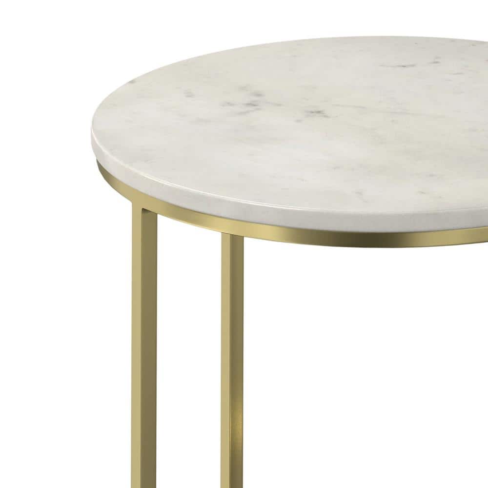 Gold Metal and White Marble Round Side Table, 16 inch