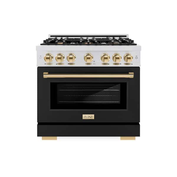 Autograph 36 in. Select Gas Range with 6 Burners and Convection Gas Oven in Satin Steel with Black and Gold Accents