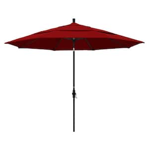 11 ft. Stone Black Aluminum Market Patio Umbrella with Crank Lift Collar Tilt in Jockey Red Sunbrella