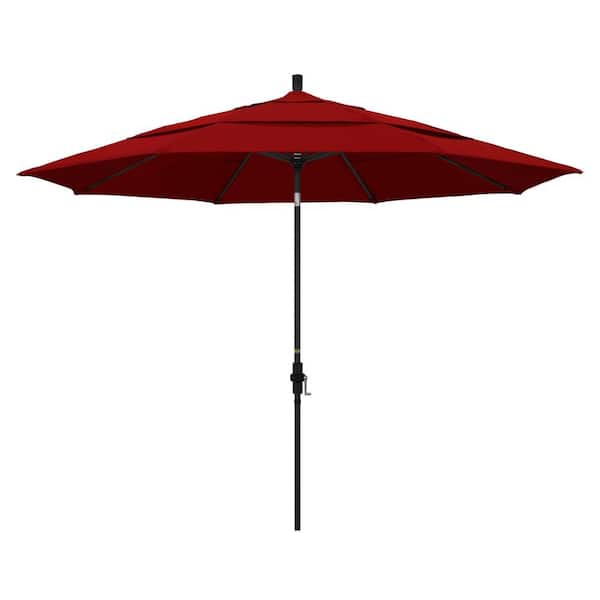 California Umbrella 11 ft. Stone Black Aluminum Market Patio Umbrella with Crank Lift Collar Tilt in Jockey Red Sunbrella