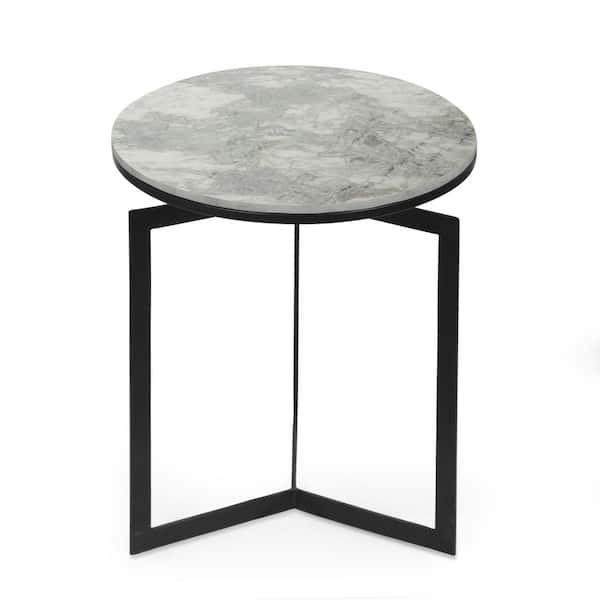 Noble House Worden Natural White and Black Marble Top Side Table