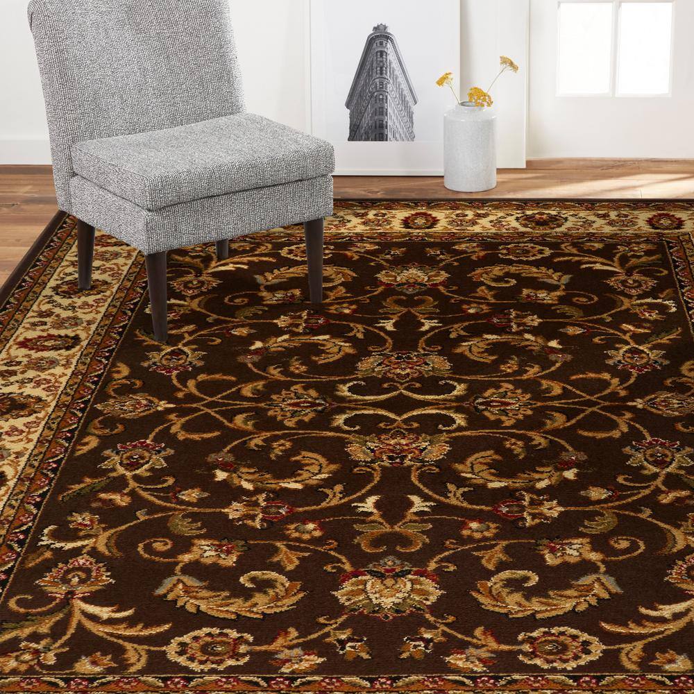 Brown Ivory Traditional Ornate Damask Runner Rug