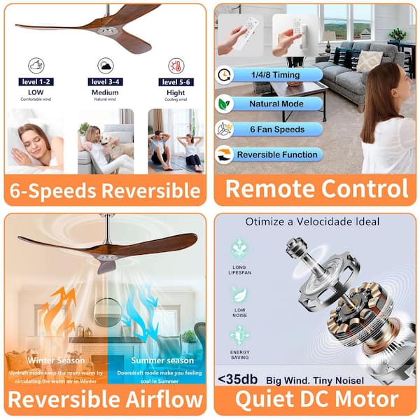 52 in. Downrod Mount Ceiling Fan, Solid Wood Fan with Remote Control and DC Motor, 3 Blades, Without Light