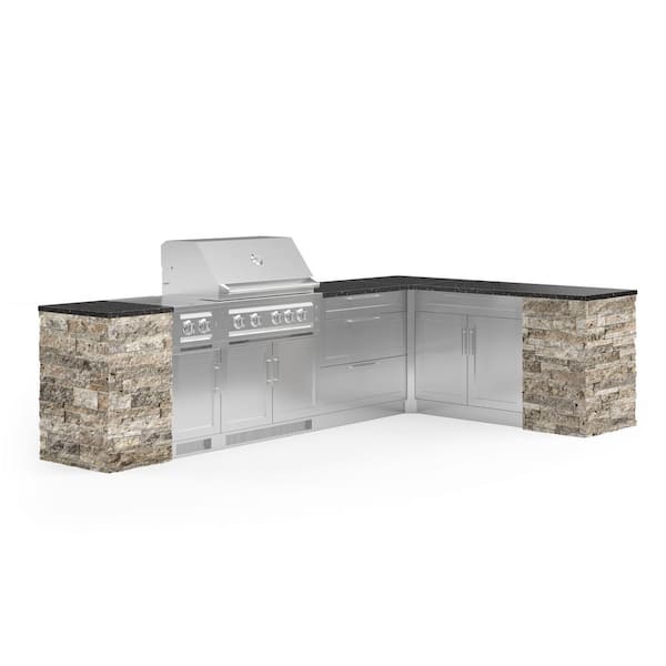 NewAge Products Signature Series Stainless Steel 11-Piece L Shape Outdoor Kitchen Cabinet Set with Natural Gas Platinum 36 in. Grill