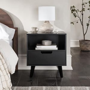 1-Drawer Black Wood Mid-Century Modern Nightstand with Cubby