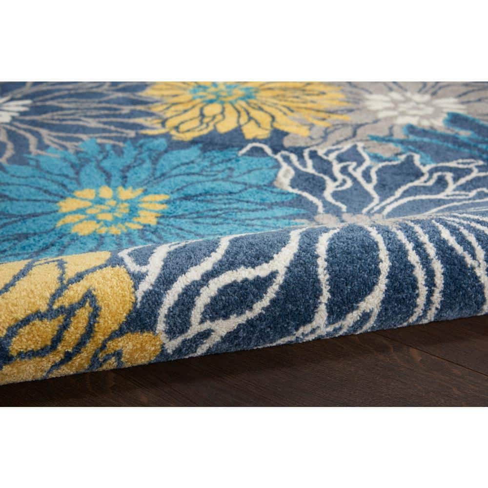 Blue and Yellow Floral Round Synthetic Area Rug, 5'3"
