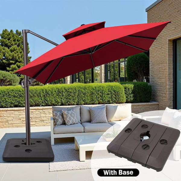 Crestlive Products 13 ft. x 10 ft. Double Top Rectangular Cantilever Patio  Umbrella in Red with 240 lbs. Base Stand in Brown CL-UWB4638RED