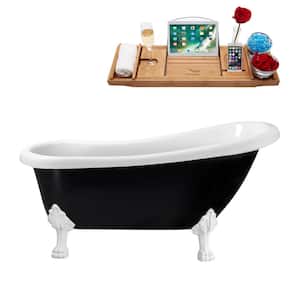 61 in. Acrylic Clawfoot Non-Whirlpool Bathtub in Glossy Black With Glossy White Clawfeet And Brushed Nickel Drain