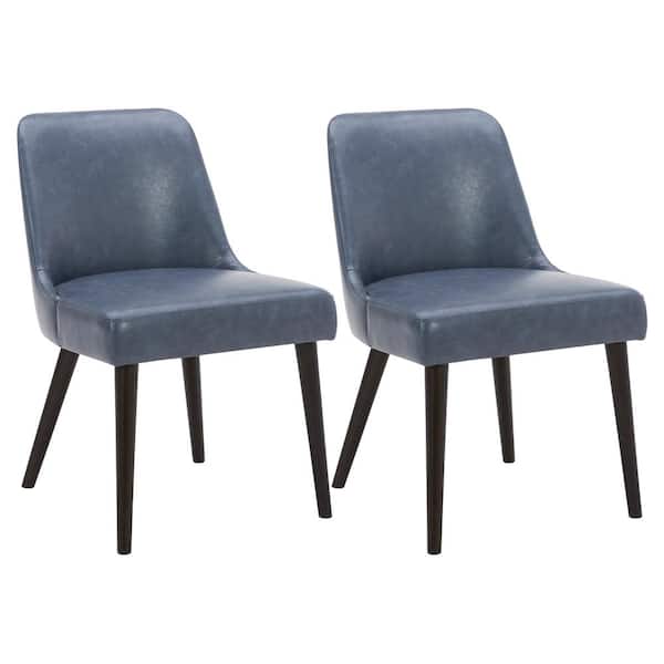 Spruce & Spring Leo Navy Blue Mid-Century Modern Dining Chairs with PU Leather Seat and Wood Legs for Kitchen and Dining Room (Set of 2)