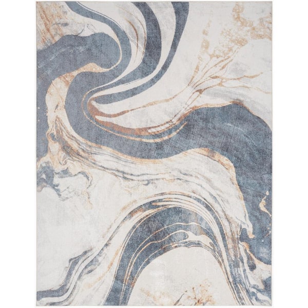 Nourison Astra Machine Washable Ivory Blue 7 ft. x 9 ft. Abstract Contemporary Area Rug