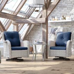 3-Piece Gray Wicker Patio Conversation Set Swivel Rocking Chair with Blue Cushions and Table