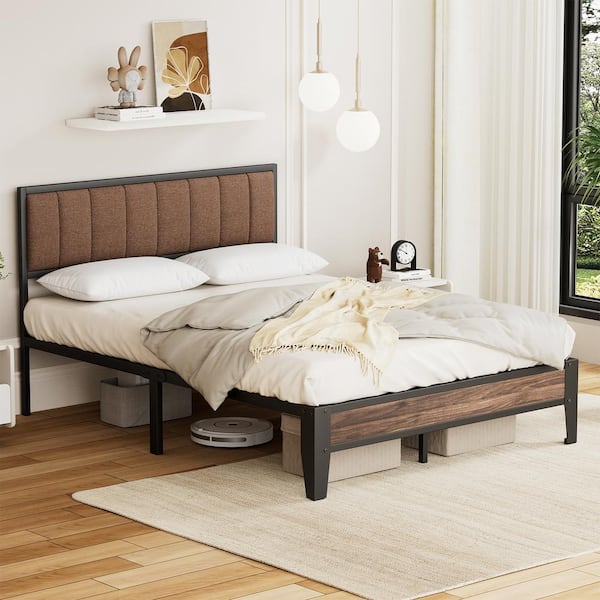 Lusimo Brown Metal Upholstered Bed Frame Full Platform Bed with ...