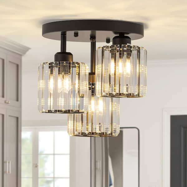 10 in.3-Light Modern Black Flush Mount Ceiling Light with Staggered Crystal Drum Shades for Bedroom, Entryway,or Hallway