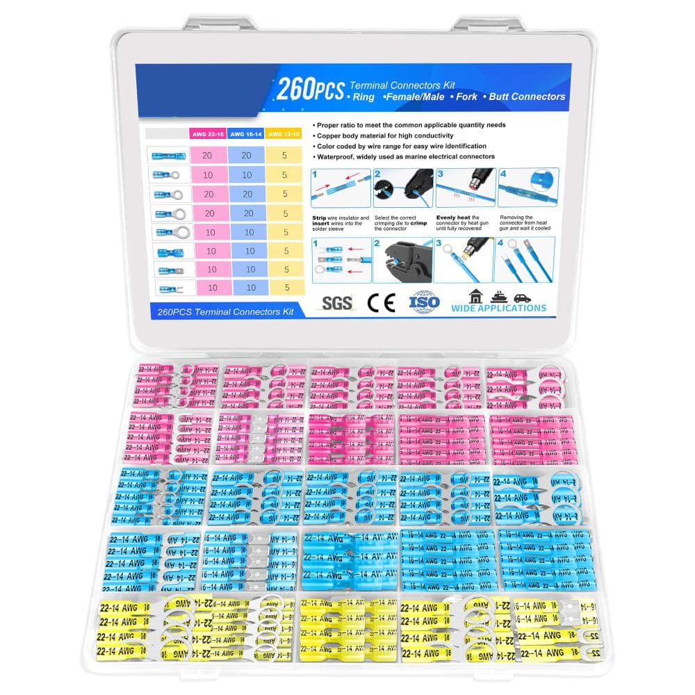 260 piece heat shrink electrical wire connector kit with waterproof crimp butt terminals rings forks and spade