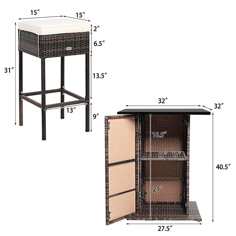 Gray Wicker 5-Piece Outdoor Bar Set with White Cushions