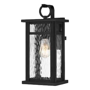 Moira 7.75 in. 1-Light Earth Black Outdoor Wall Lantern Sconce with Clear Water Glass