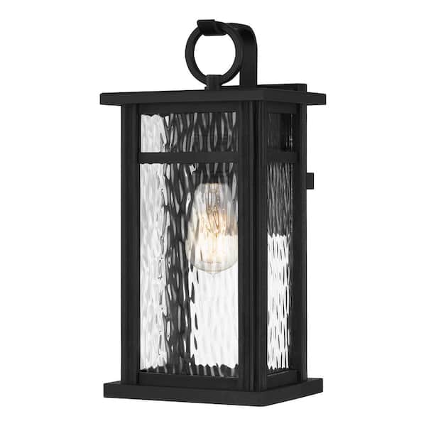 Quoizel Moira 7.75 in. 1-Light Earth Black Outdoor Wall Lantern Sconce with Clear Water Glass
