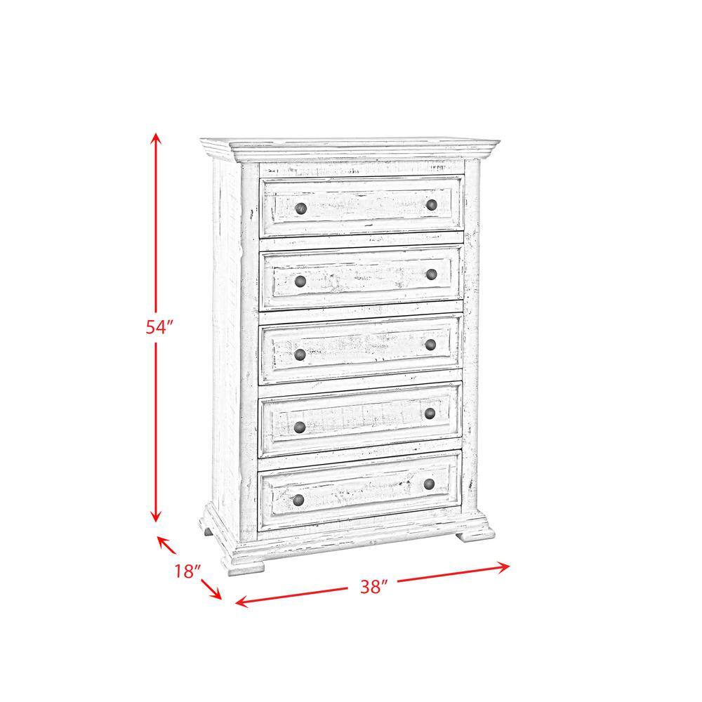 Ruma White 5-Drawer Rustic Pine Wood Chest