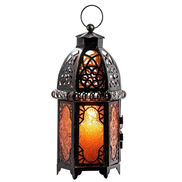12.8 in. x 4.1 in. Amber Metal Lantern w/ Candle 1-Pack Hanging andTabletop Lantern Candle Holder Decor for Home Indoor