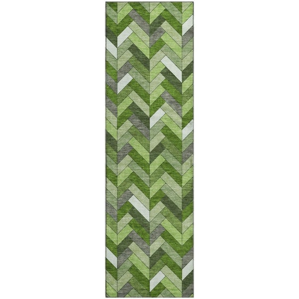 Mayfield Premium Machine Washable Abstract AMF2296 Olive 2 ft. x 7 ft. Runner Rug