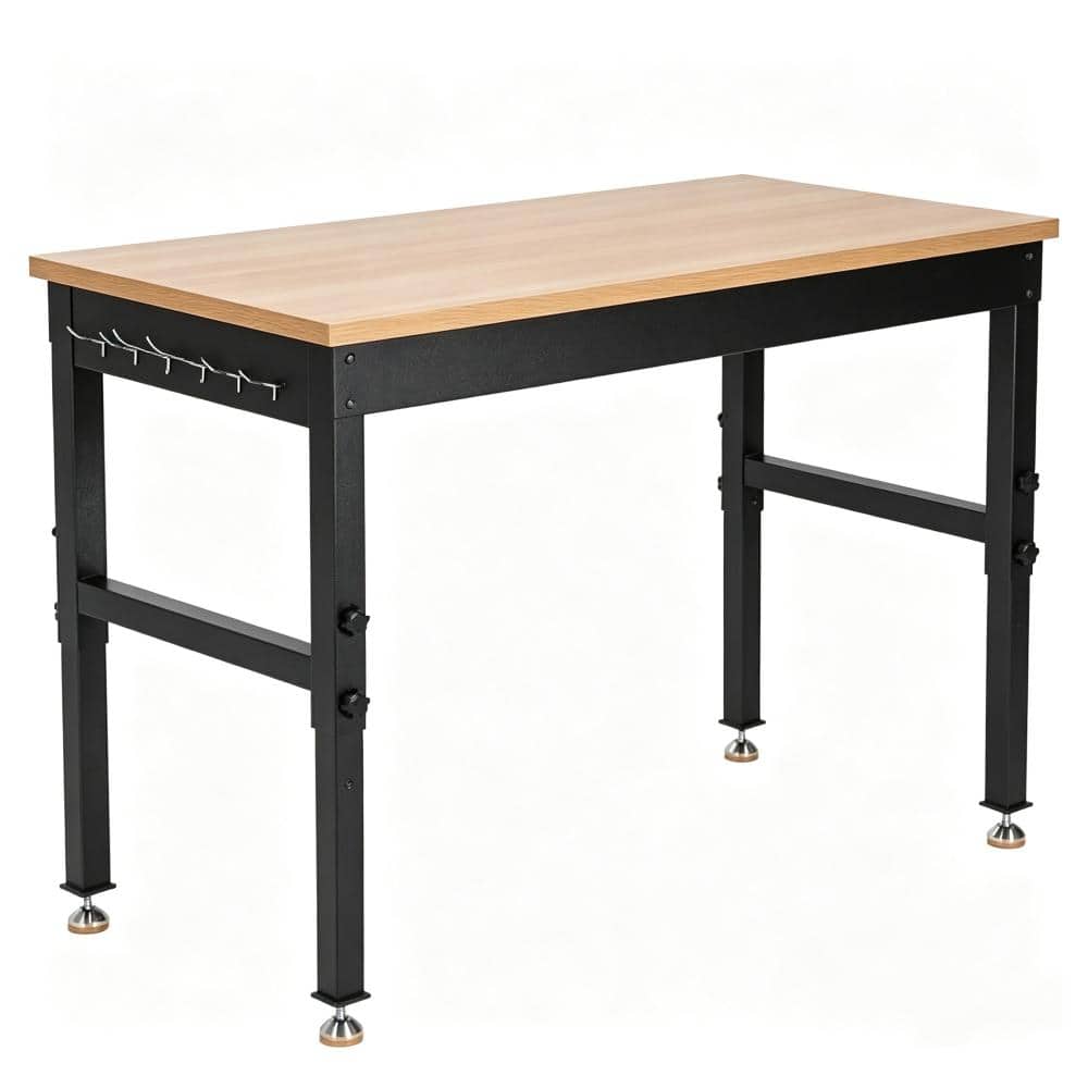 72" Adjustable Height Garage Workbench, 2200 lbs Heavy Duty Steel Work Table with Hardwood Top, Outlets & Long Hooks