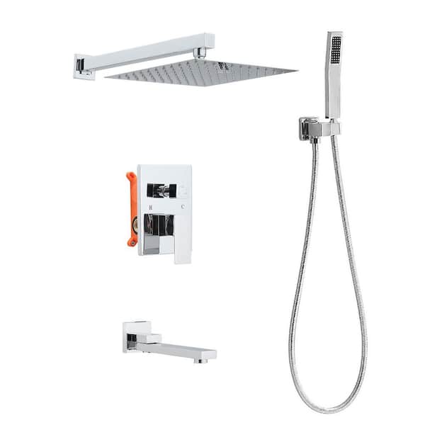 1-Spray Square 9.69 in. Wall Mount Dual Fixed and Handheld Shower Head and Tub Spout with 1.8 GPM in Chrome